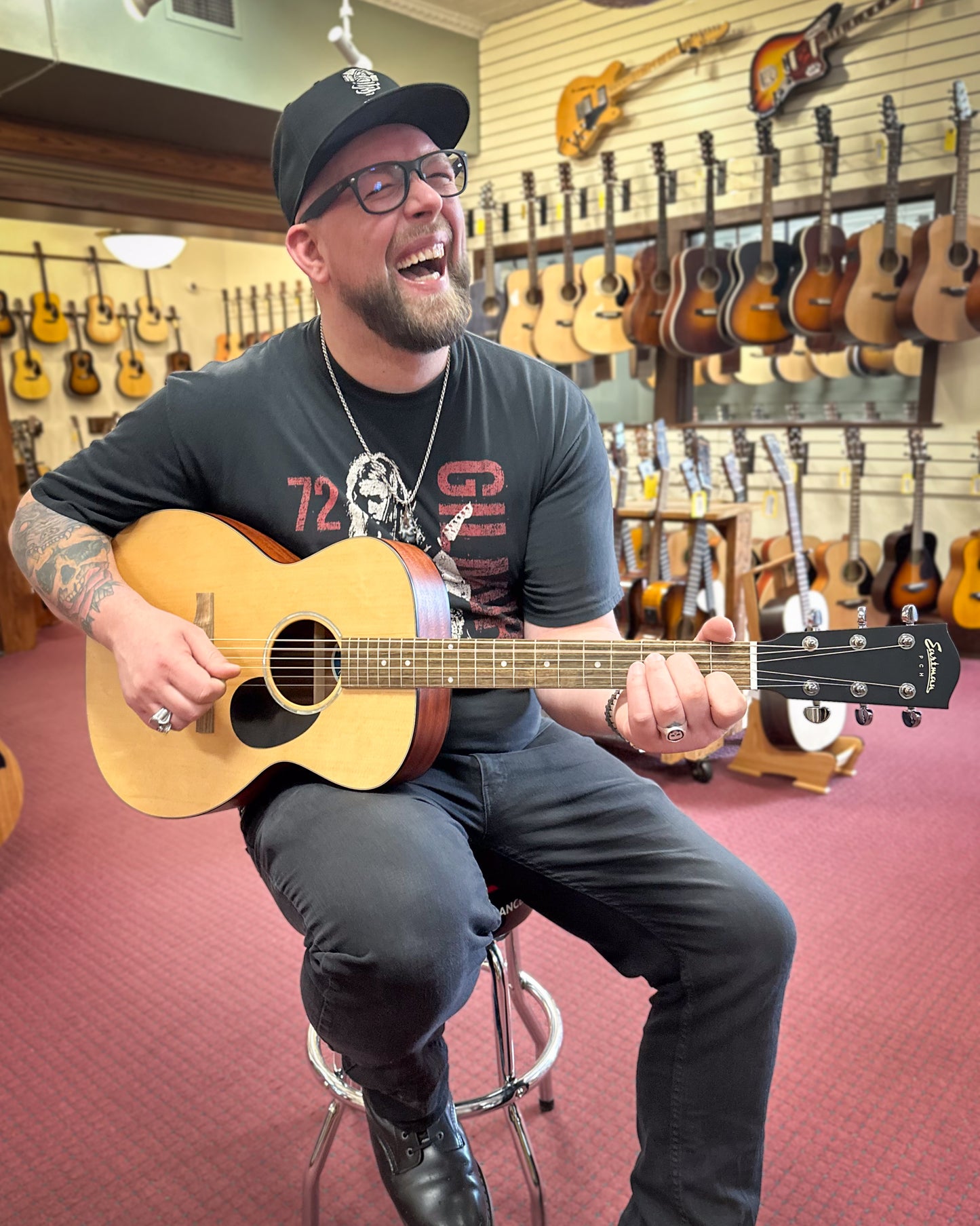 Showroom photo of Eastman PCH1-OM "Pacific Coast Highway" Acoustic Guitar & Gigbag, Natural Finish