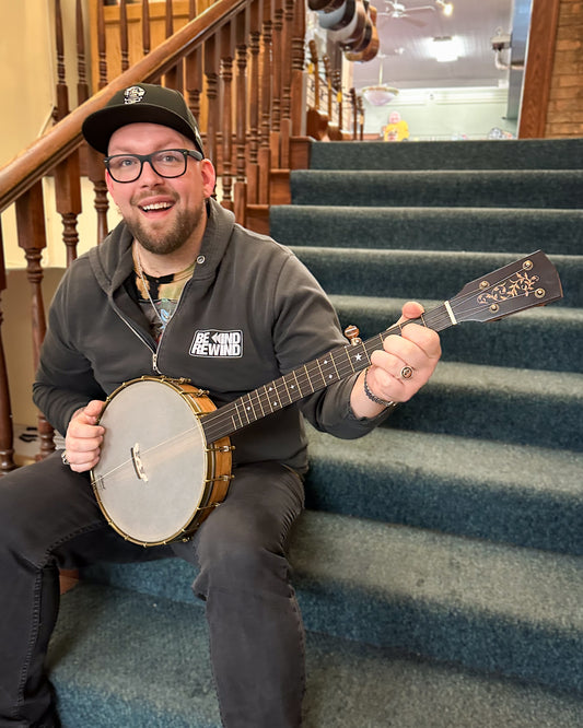 Showroom photo of Rickard 12" Little Wonder Openback Banjo & Case, Cherry - with Rickard Cyclone 10:1 tuners