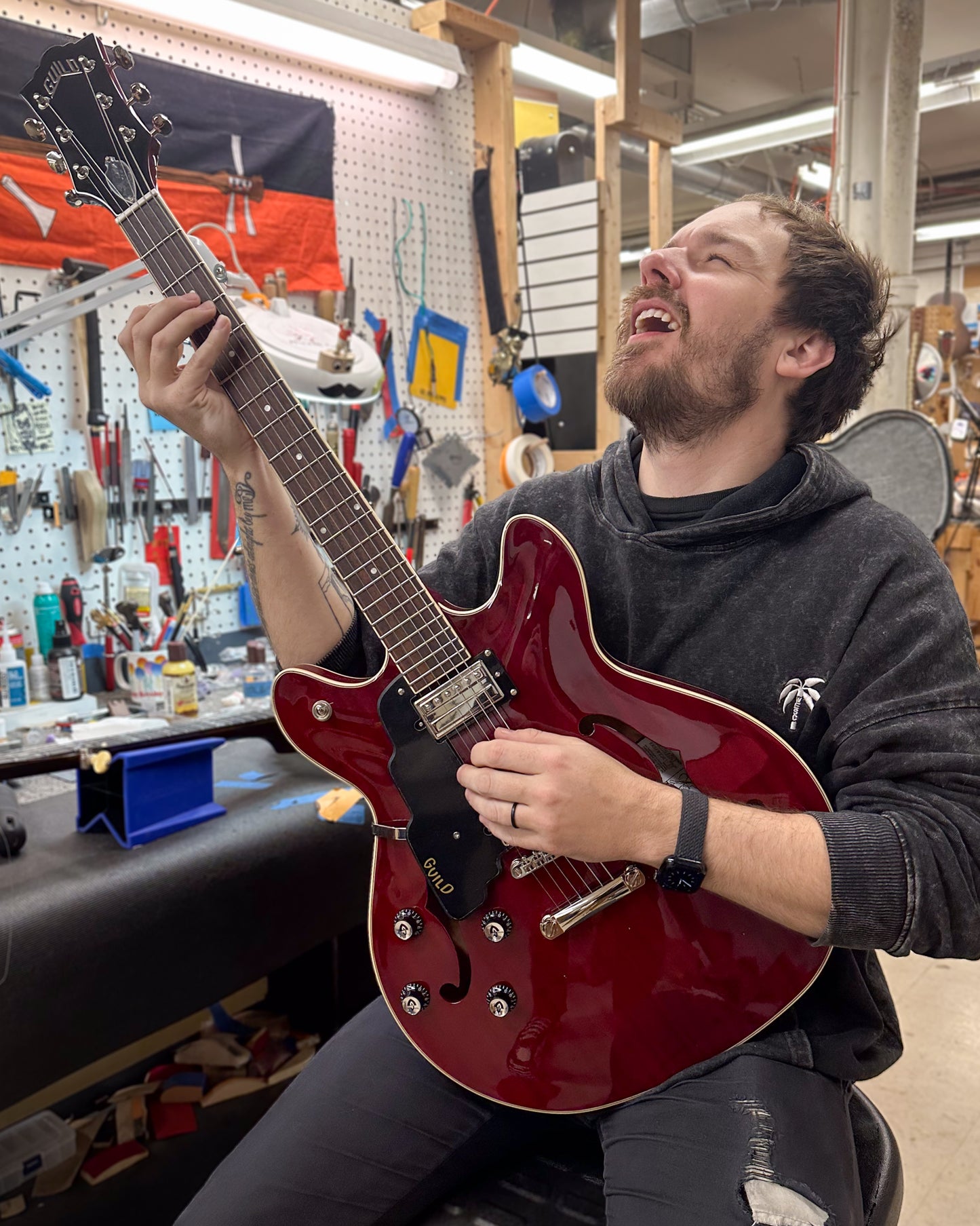 Showroom photo of Guild Starfire I Cherry Red Left Handed Semi-Hollow Body Electric Guitar