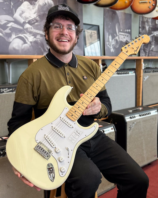 Showroom photo of Fender Standard Stratocaster Electric Guitar, Olympic White