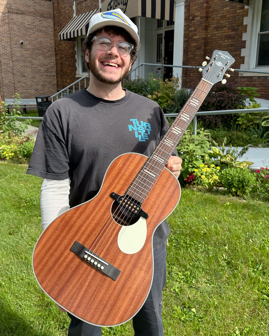 Showroom photo of Recording King Dirty 30's Acoustic-Electric Parlor Guitar, Mahogany