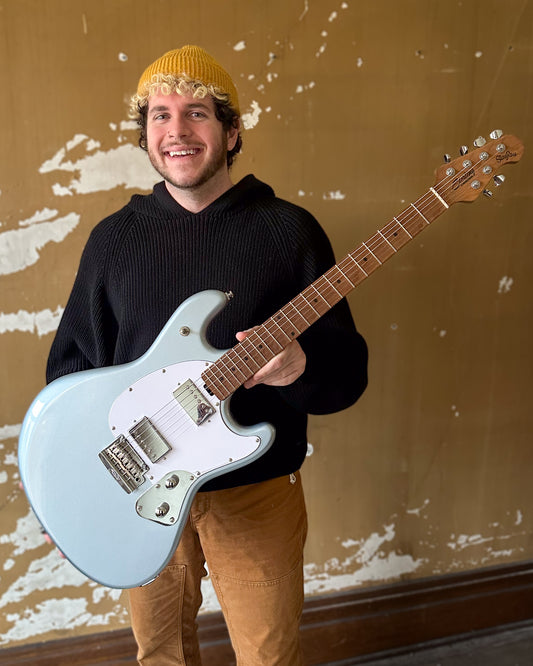 Showroom photo of Sterling by Music Man Stingray SR50 Electric Guitar, Firemist Silver