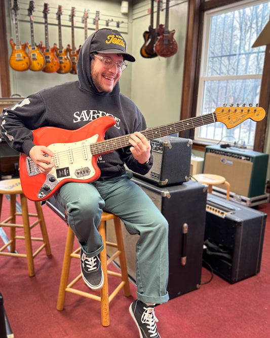 Showroom photo of Fender Vintera II '60s Bass VI, Fiesta Red