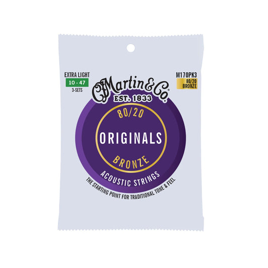 Front of Martin Original M170 80/20 Bronze Extra Light 6-String Acoustic Guitar 3-Pack