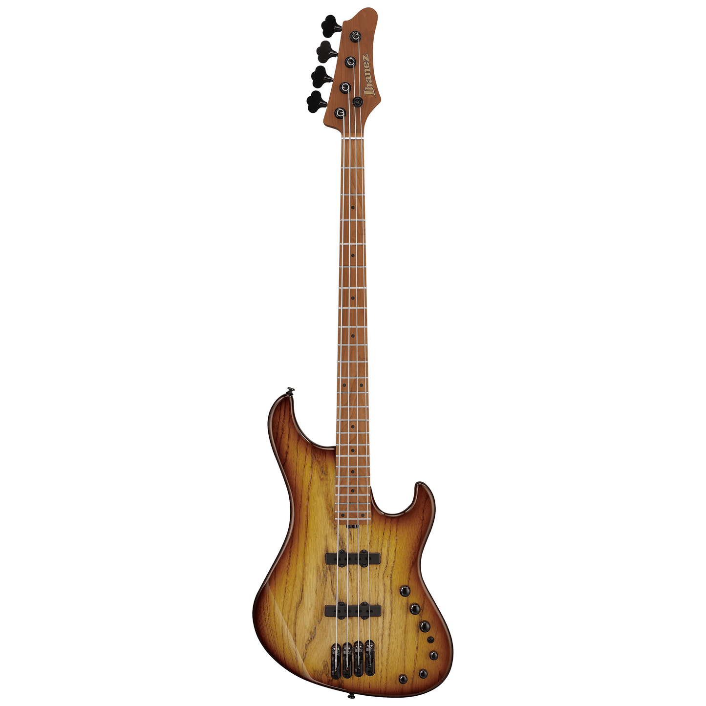 Full Front of Ibanez Mode MDM1300 Electric Bass, Natural Stained Amber Burst