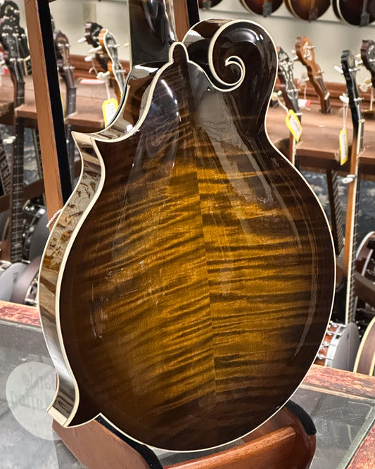 Showroom photo of back of Northfield Workshop NFB-F5E Master Model "Big Mon" Mandolin, Engelmann Top