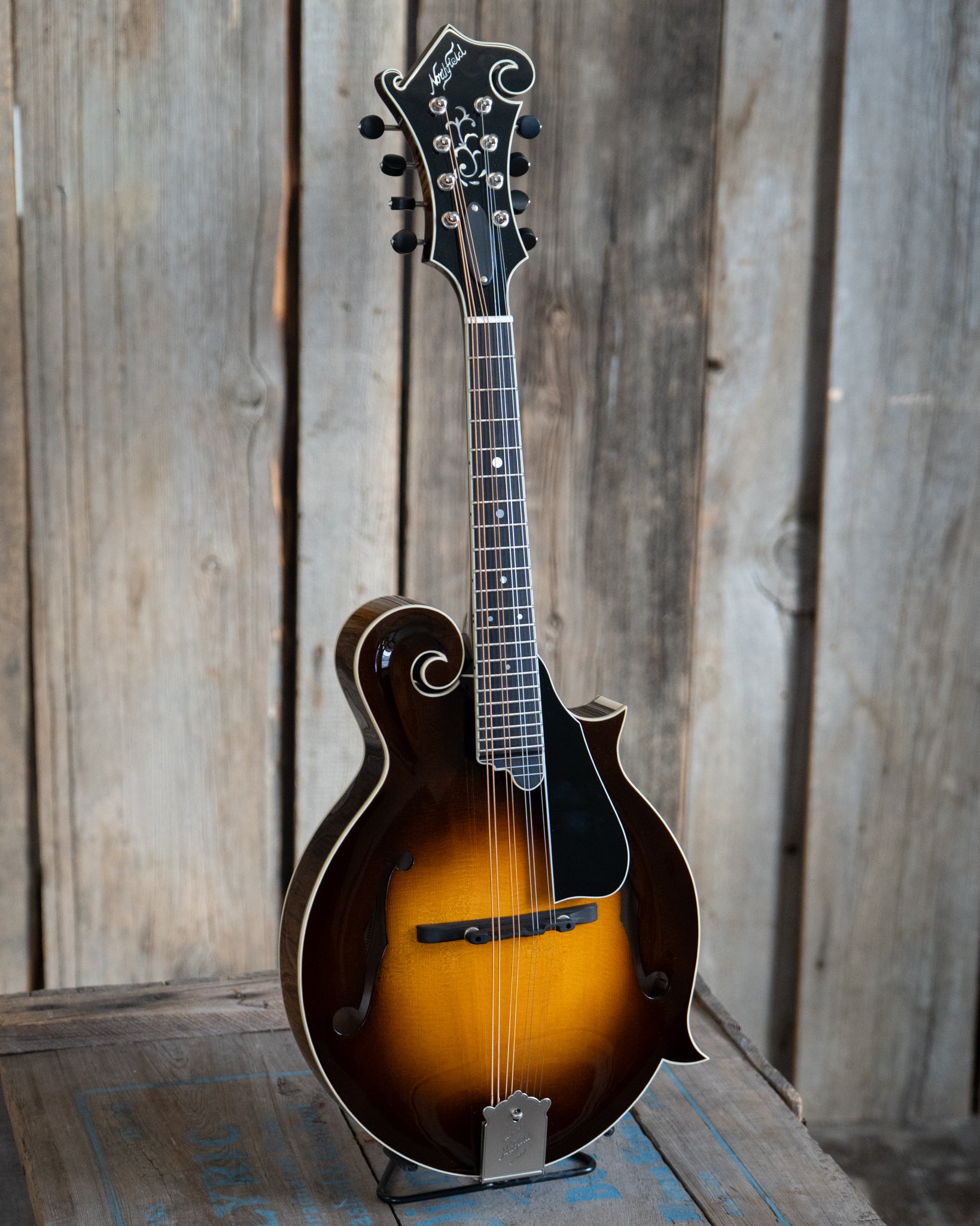Full front and side of Northfield Workshop NFB-F5E Master Model "Big Mon" Mandolin, Engelmann Top