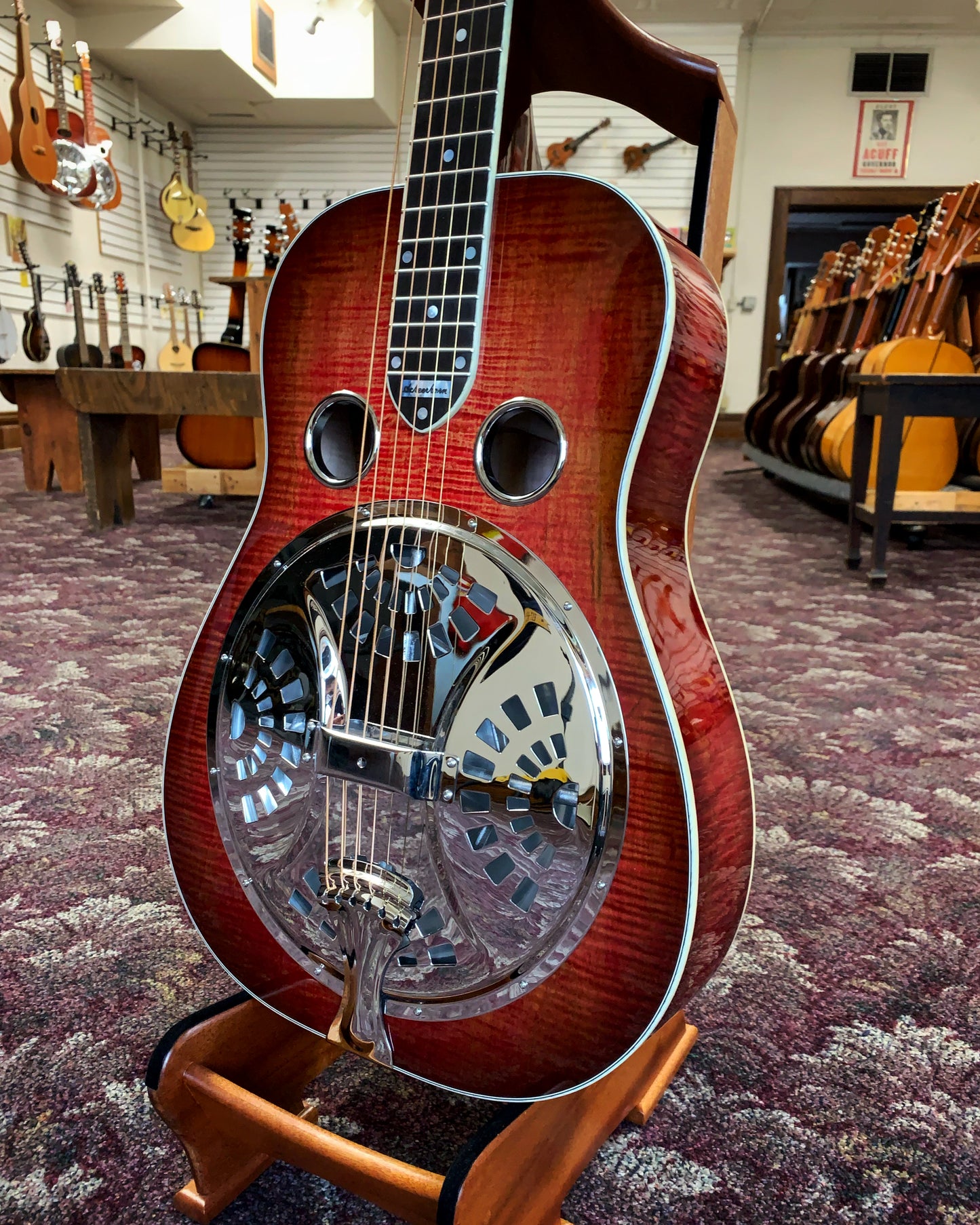 Showroom photo of National Scheerhorn L-Body Resonator Guitar & Case, Flamed Maple