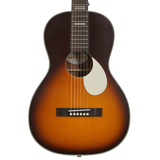 Front of Recording King Dirty 30's Acoustic Parlor Guitar, Vintage Burst