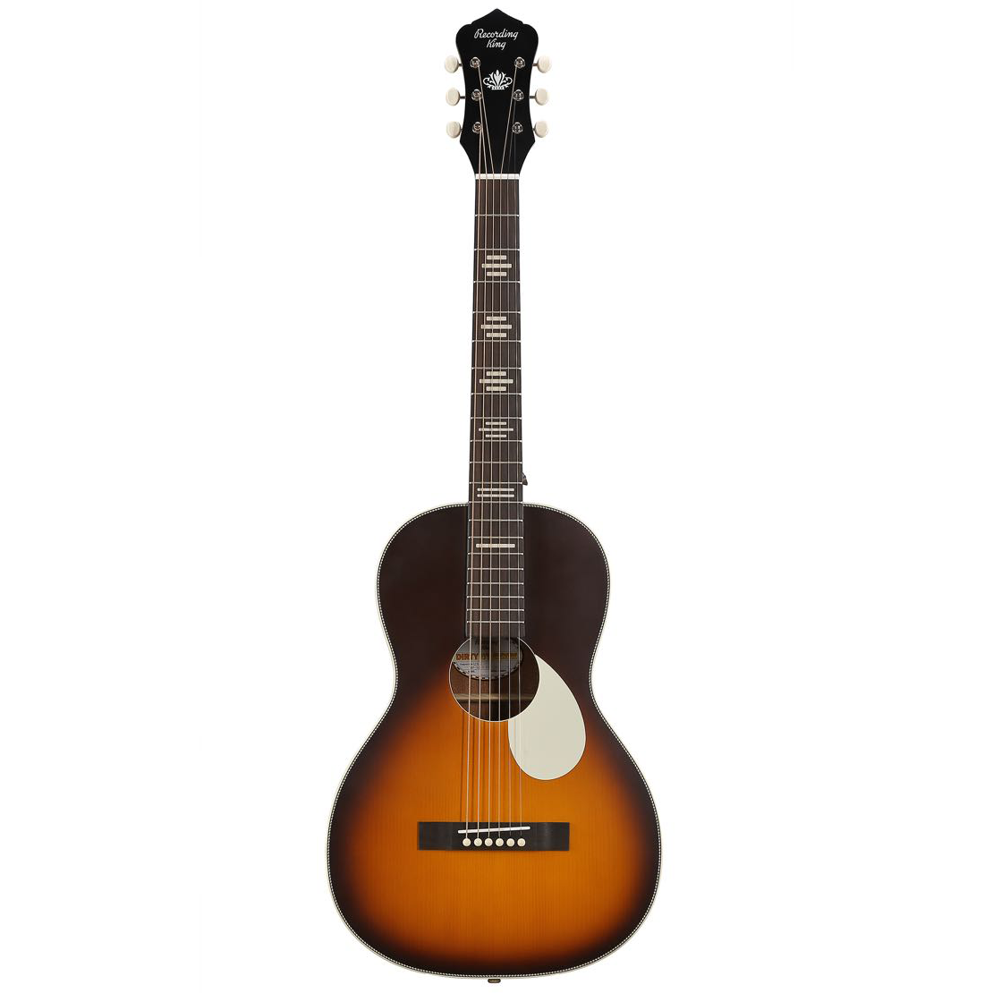 Full Front of Recording King Dirty 30's Acoustic Parlor Guitar, Vintage Burst