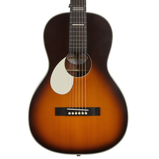 Front of Recording King Dirty 30's Left-Handed Parlor Acoustic Guitar, Vintage Burst