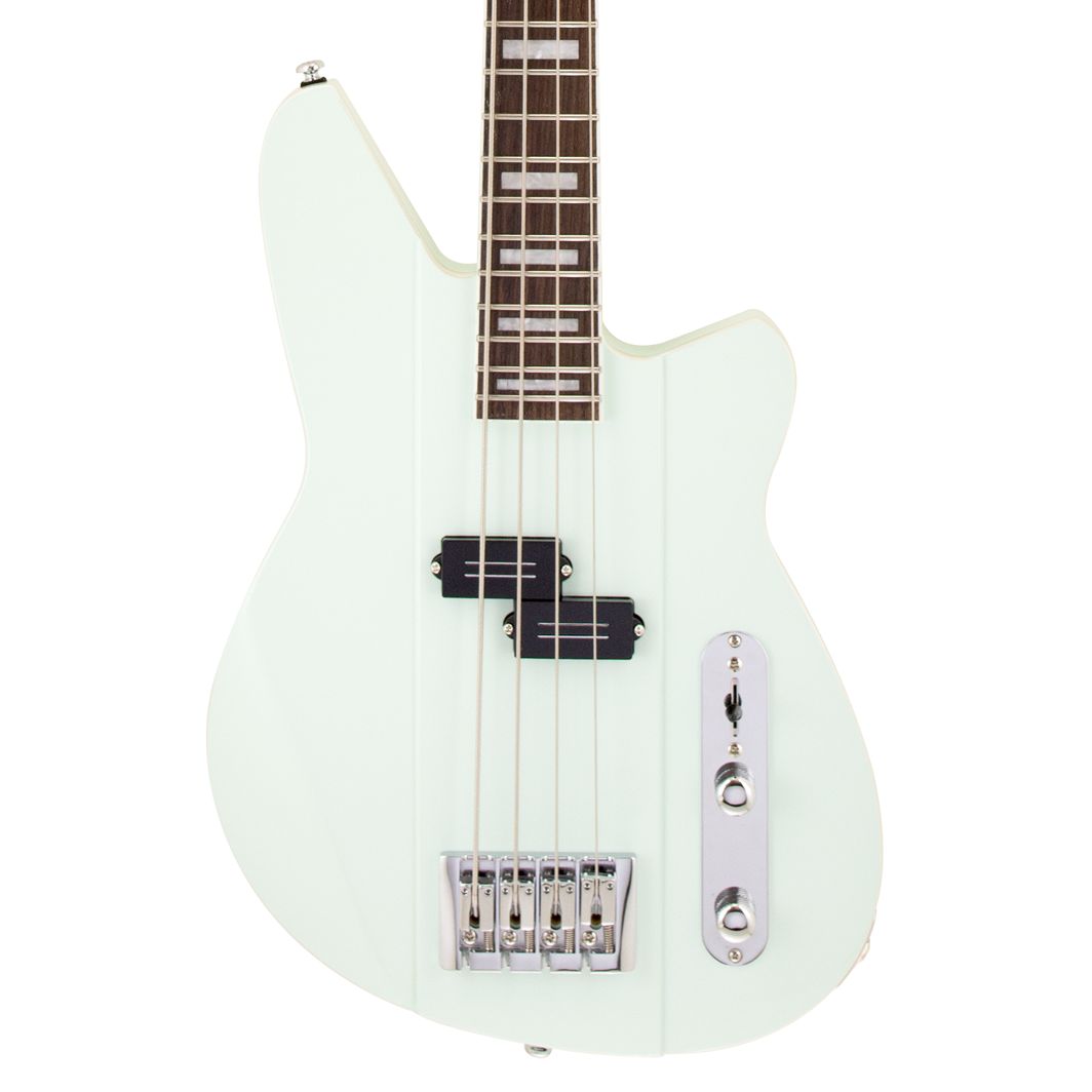 Front of Reverend Sentinel Short Scale Electric Bass Guitar, Iconic Blue