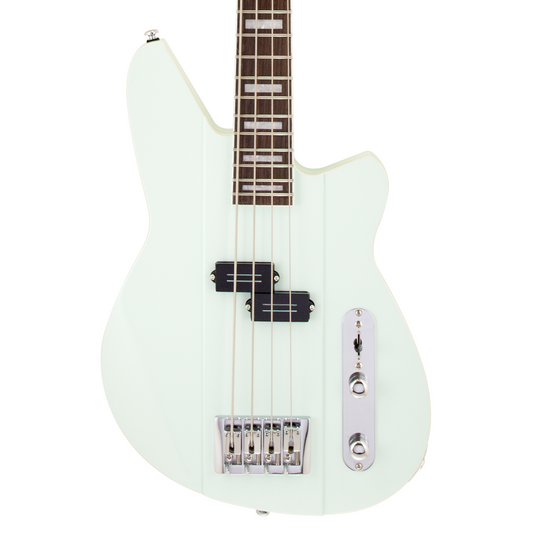 Front of Reverend Sentinel Short Scale Electric Bass Guitar, Iconic Blue