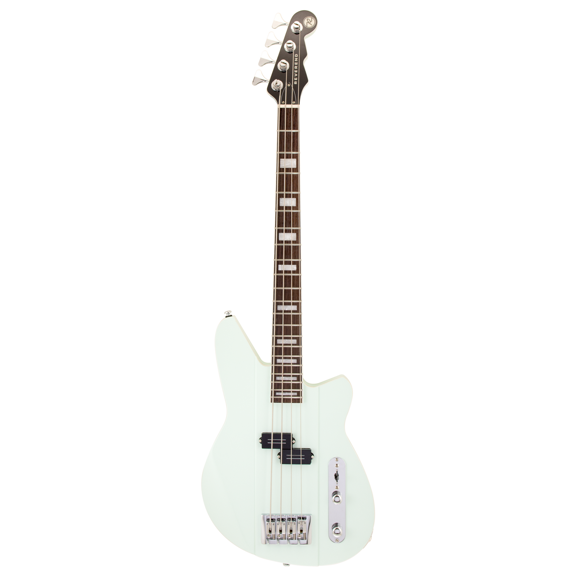 Full front of Reverend Sentinel Short Scale Electric Bass Guitar, Iconic Blue