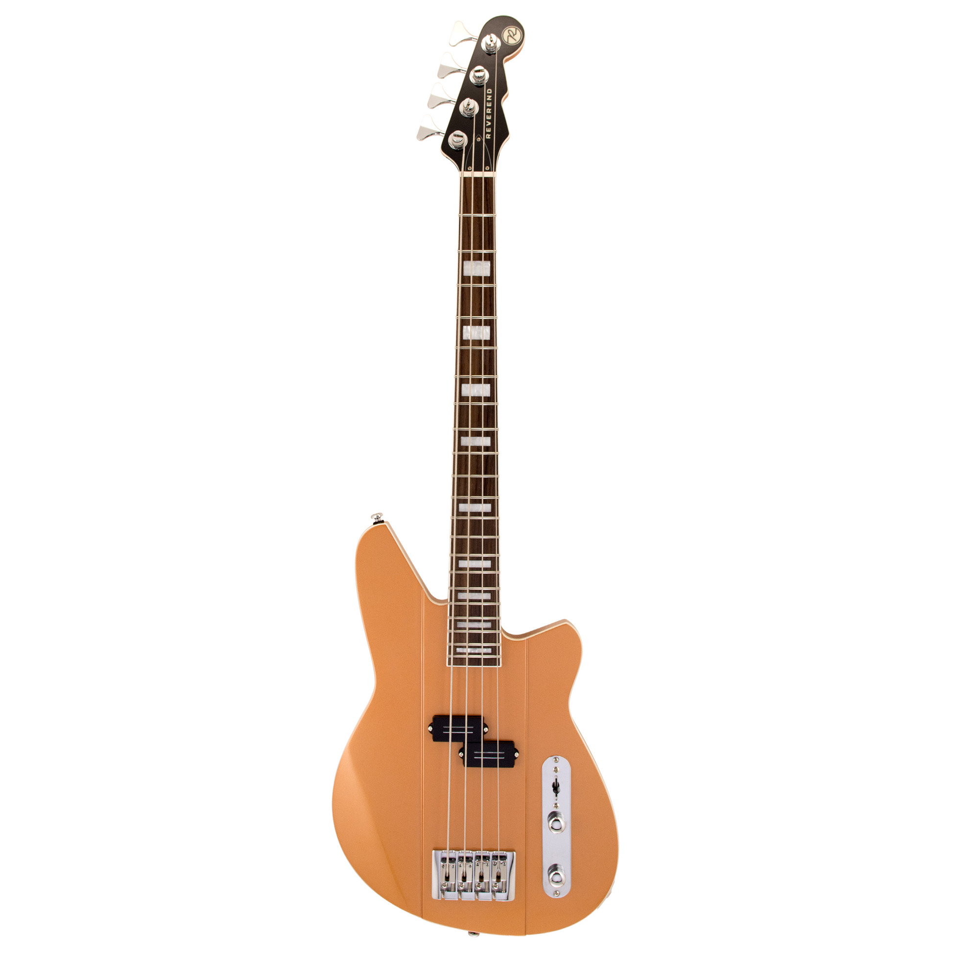 Full front of Reverend Sentinel Short Scale Electric Bass Guitar, Metallic Copper