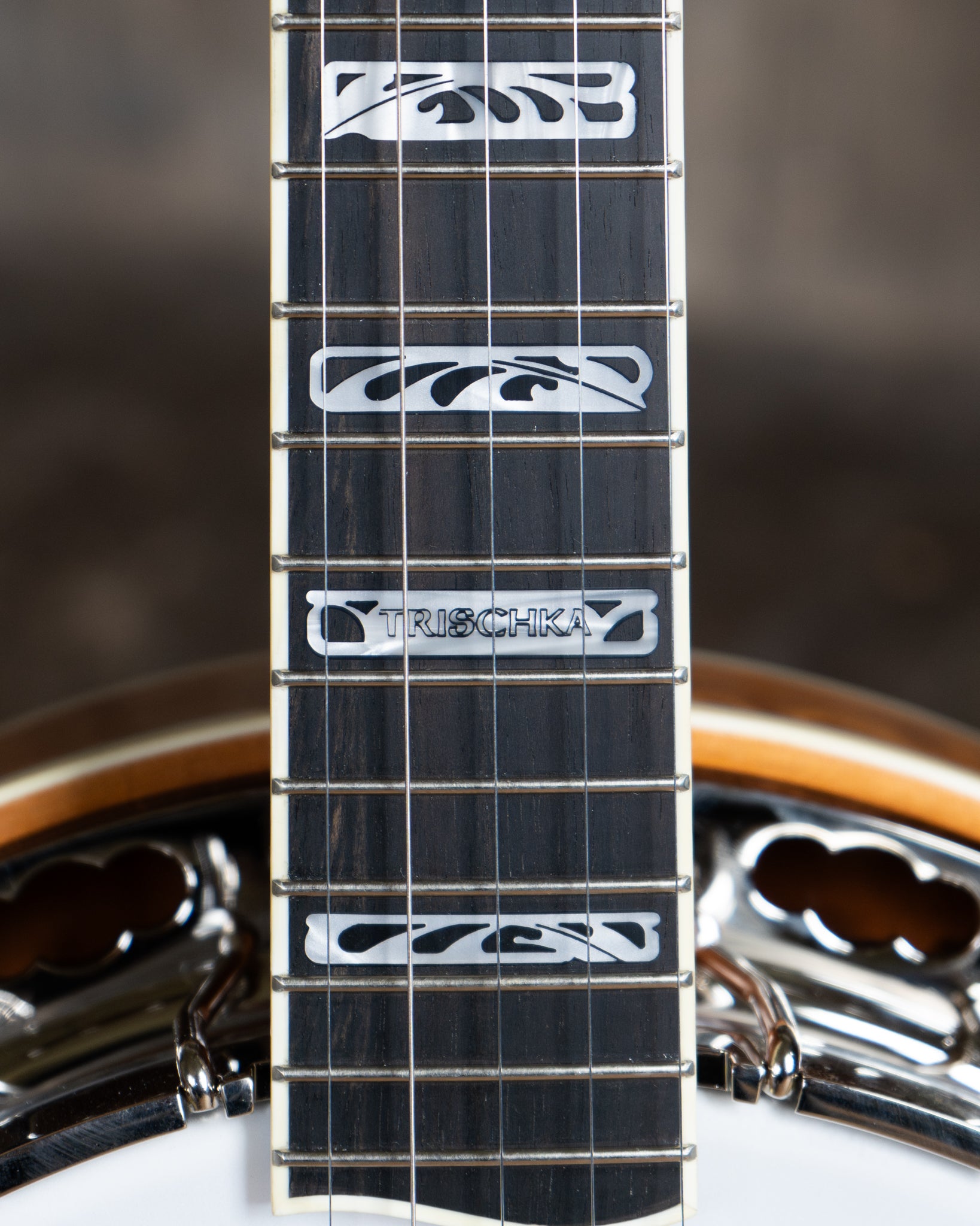 Showroom photo of Fretboard of  Deering Silver Clipper Banjo & Case