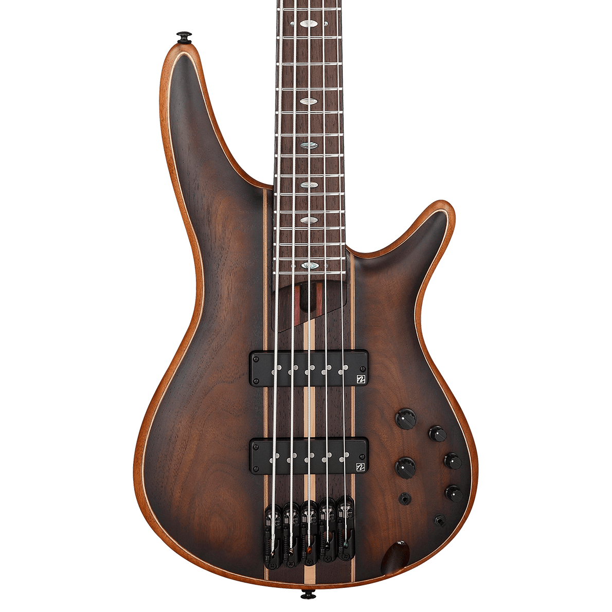 Front of Ibanez Premium SR1355B 5-String Electric Bass, Dual Mocha Burst Flat