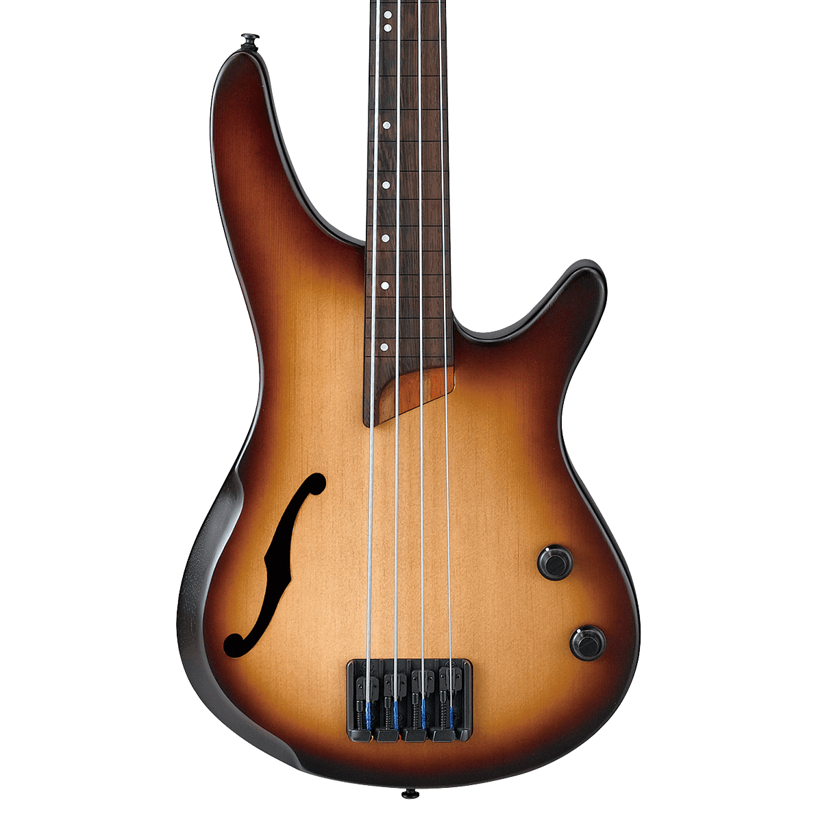 Front of Ibanez SRH500F Fretless Semi-Hollow Electric Bass, Natural Browned Burst Flat