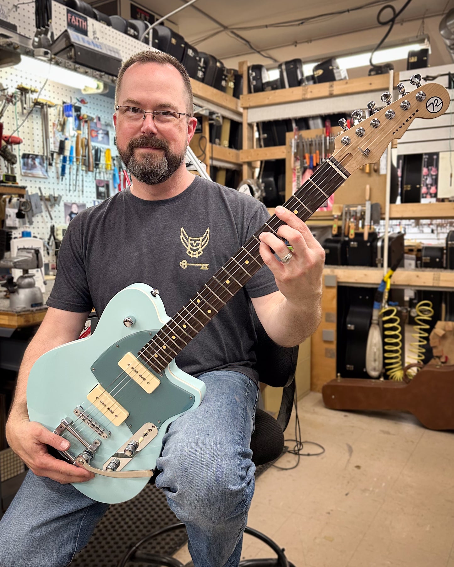Showroom photo of Reverend Charger 290 Bigsby Electric Guitar, Chronic Blue