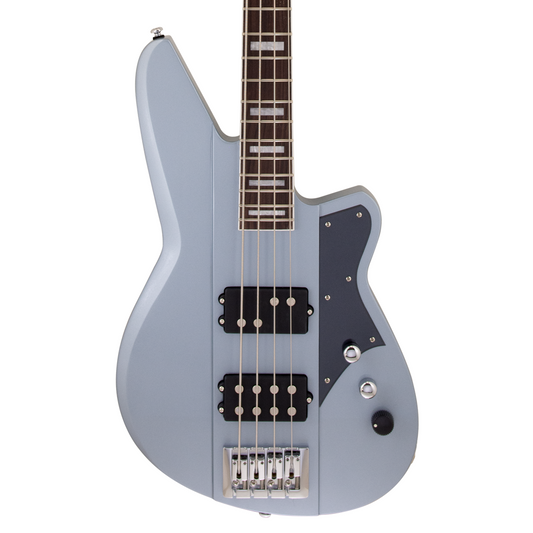 Front of Reverend Thundergun Electric Bass Guitar, Metallic Silver Freeze