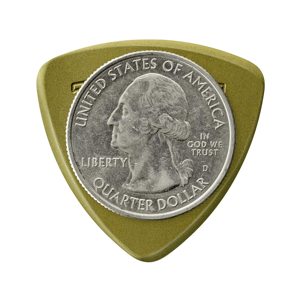 Front of Token A3-50 Green Large Triangle Flatpick, 1.3mm with Quarter for Scale (Not Included)
