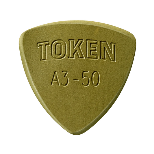 Front of Token A3-50 Green Large Triangle Flatpick, 1.3mm