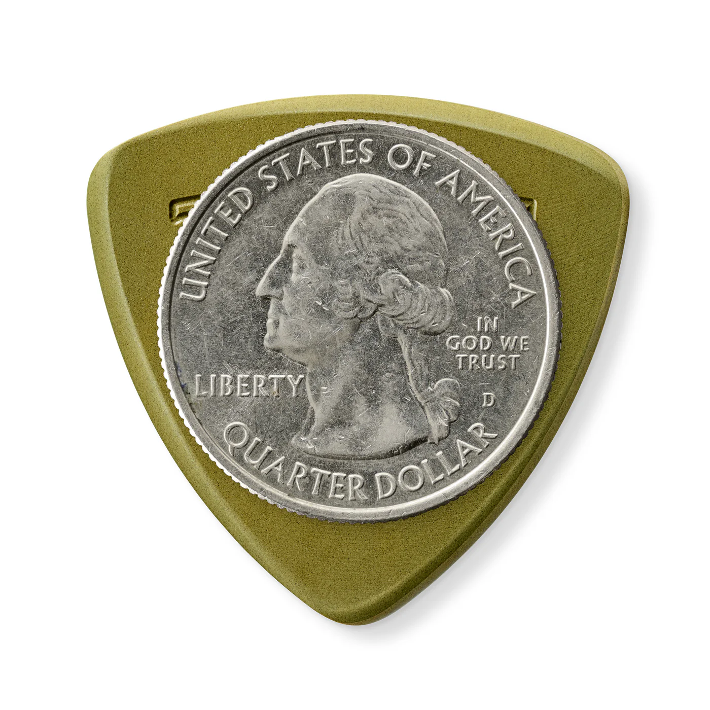 Token A3-55 Green Large Triangle Flatpick, 1.40mm with Quarter for scale