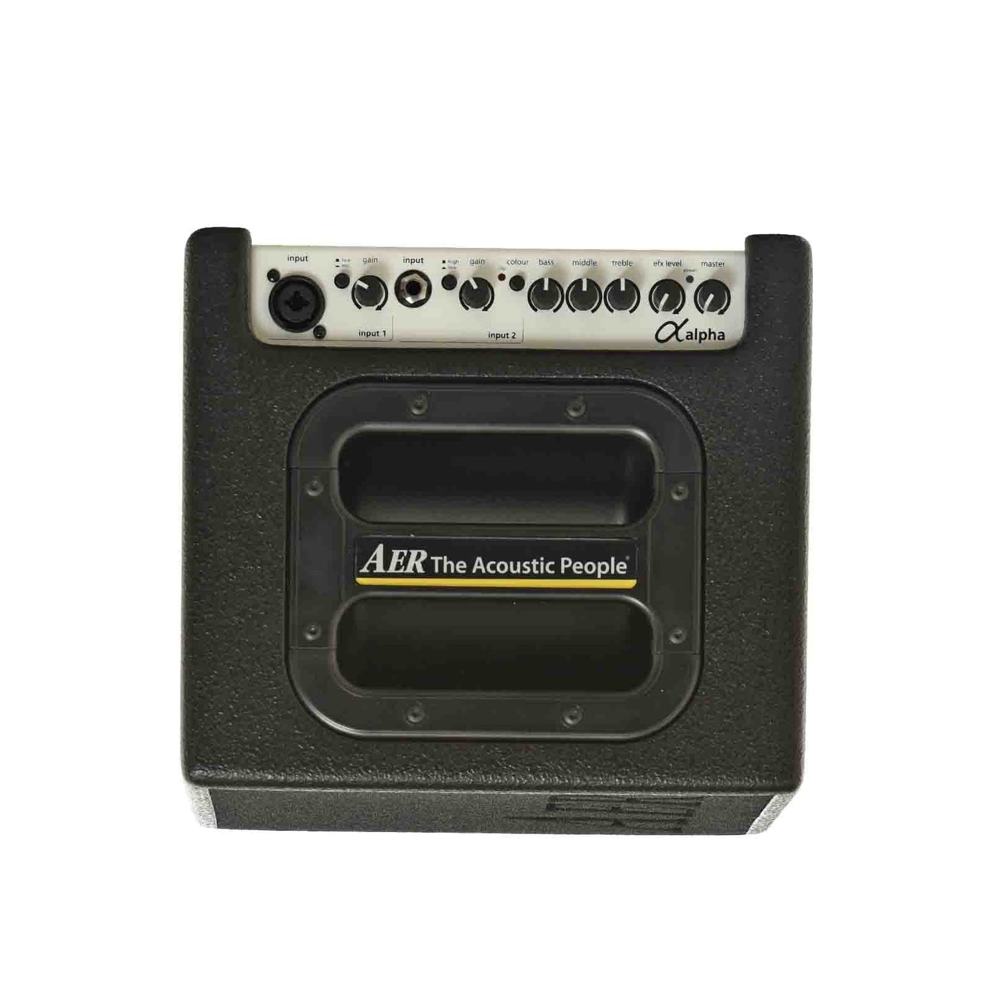 Top view/controls of AER Alpha Acoustic Amplifier