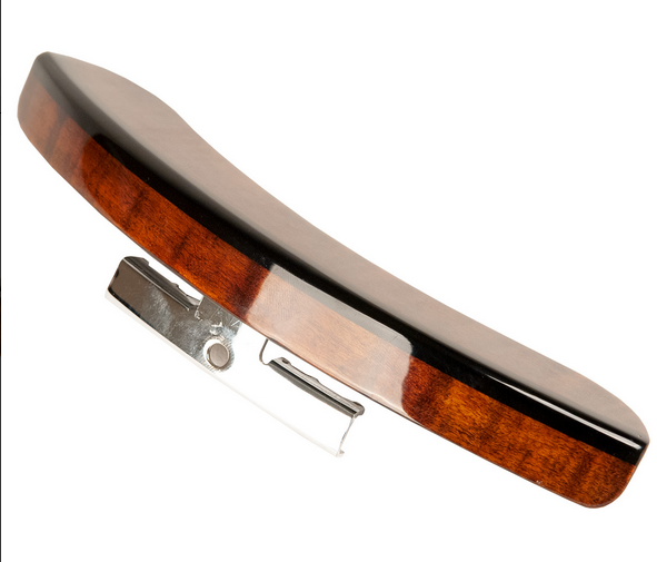 Side and mounting bracket of gold tone Curly maple armrest, gloss finish