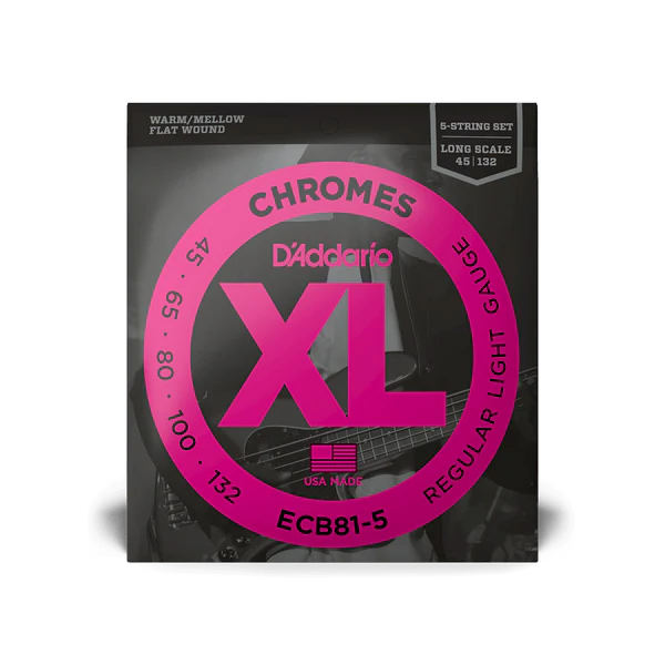 D'Addario ECB81-5 Chrome Flat Wound Long Scale 5-String Electric Bass Guitar Strings, Regular Light, Front 1