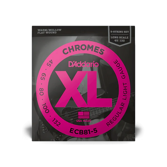 D'Addario ECB81-5 Chrome Flat Wound Long Scale 5-String Electric Bass Guitar Strings, Regular Light, Front 1