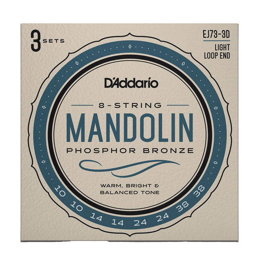 Front of D'Addario EJ73 Phosphor Bronze Light Gauge Mandolin Strings, 3-Pack