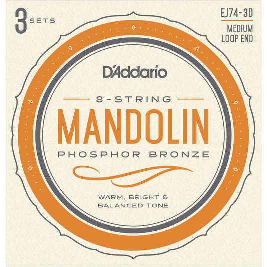 D'Addario EJ74 Phosphor Bronze Medium Gauge Mandolin Strings, Three Pack