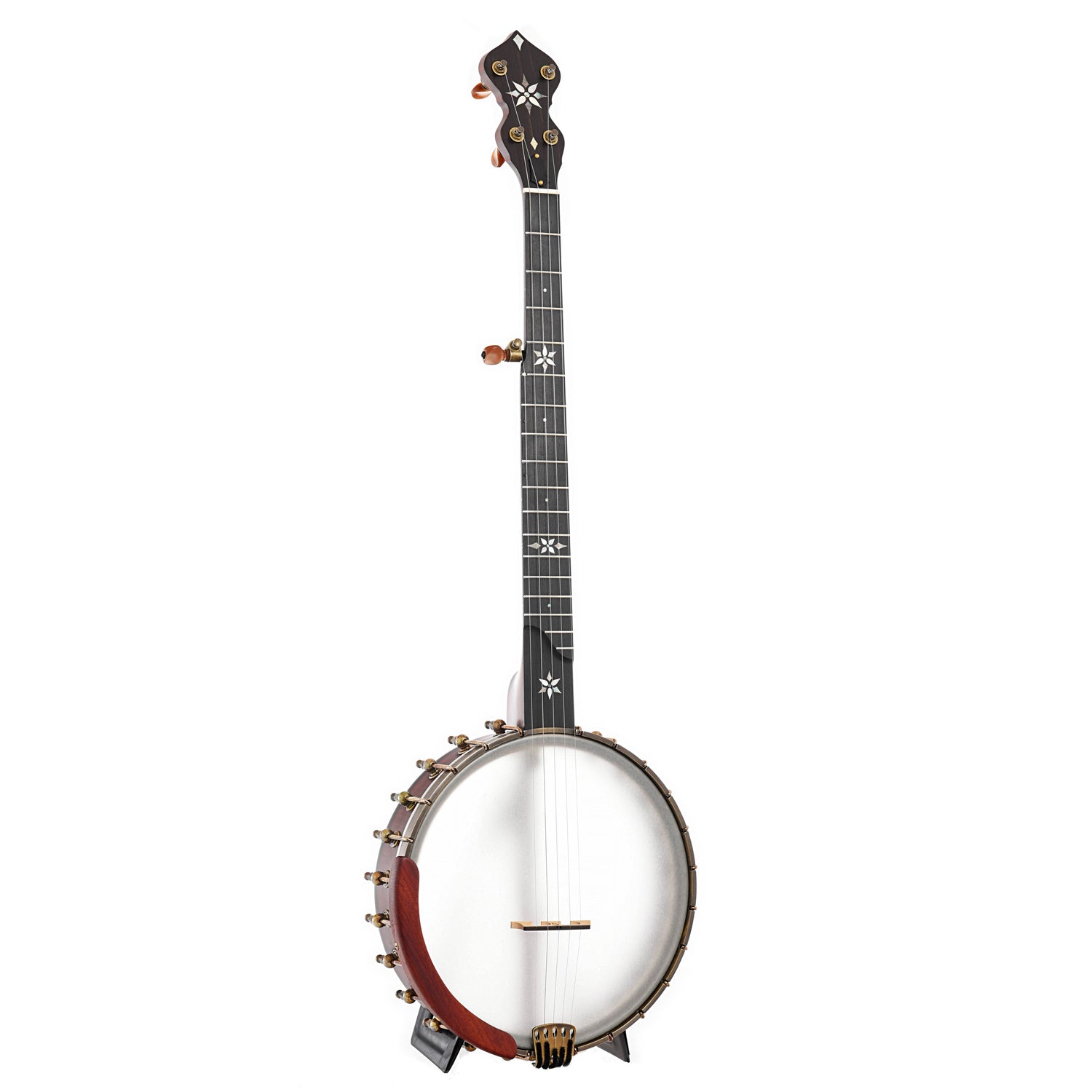 Full front and side of  Ome Mira 11" Openback Banjo, Curly Maple, Tubaphone Tone Ring