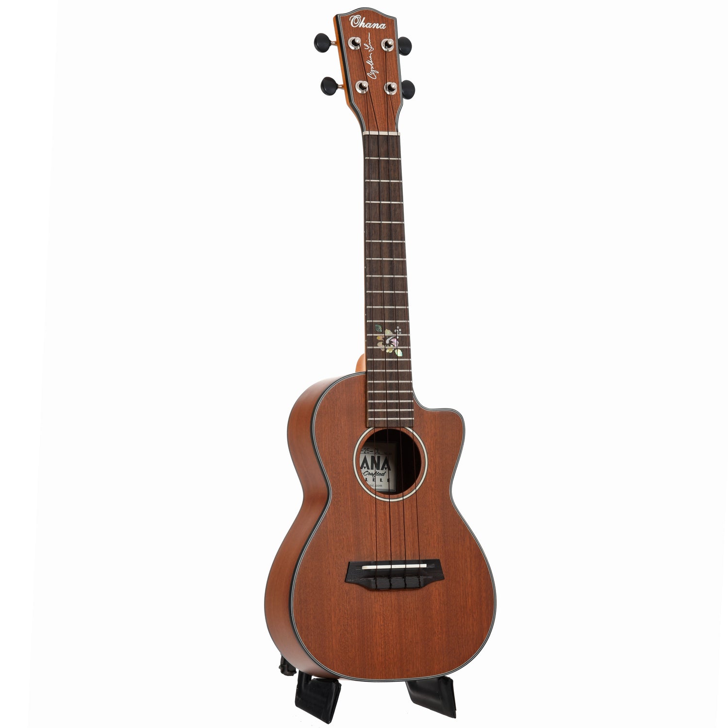 Full Front and Side of Front of Ohana CK-25C-CL Cynthia Lin Signature Concert Ukulele