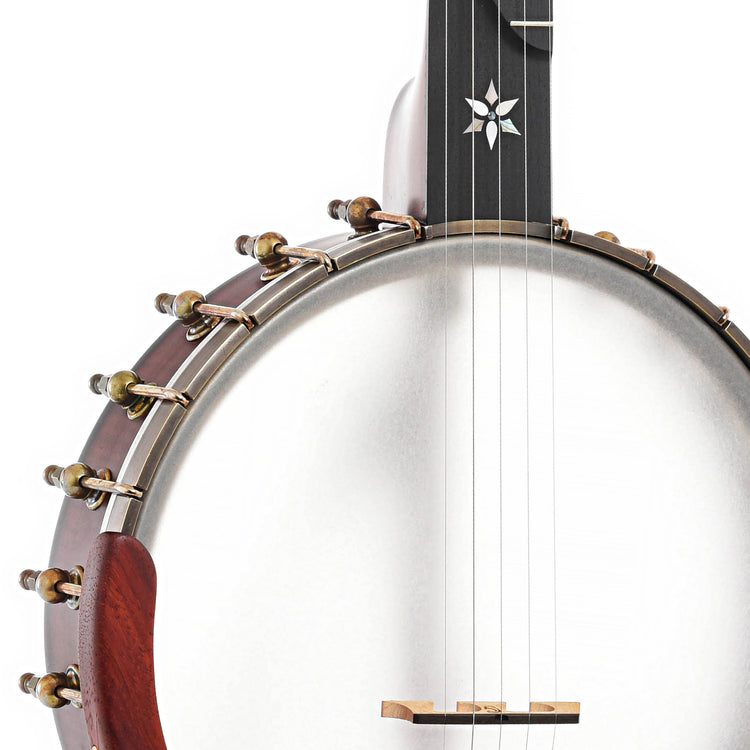 Front body and neck join of  Ome Mira 11" Openback Banjo, Curly Maple, Tubaphone Tone Ring