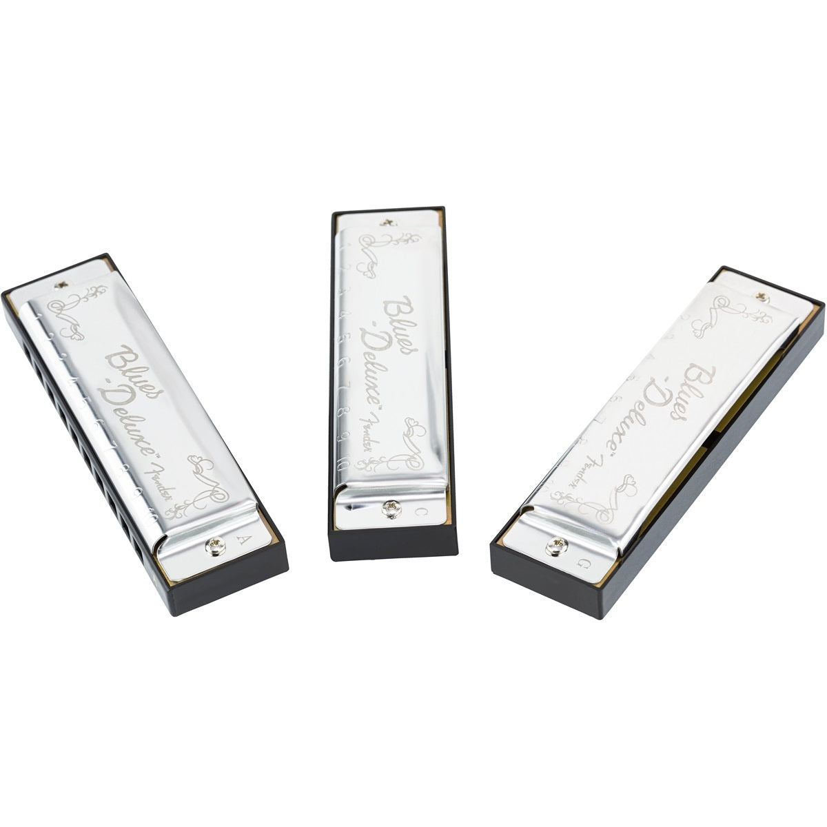 Front of Fender Blues Deluxe Harmonicas, 3-Pack 