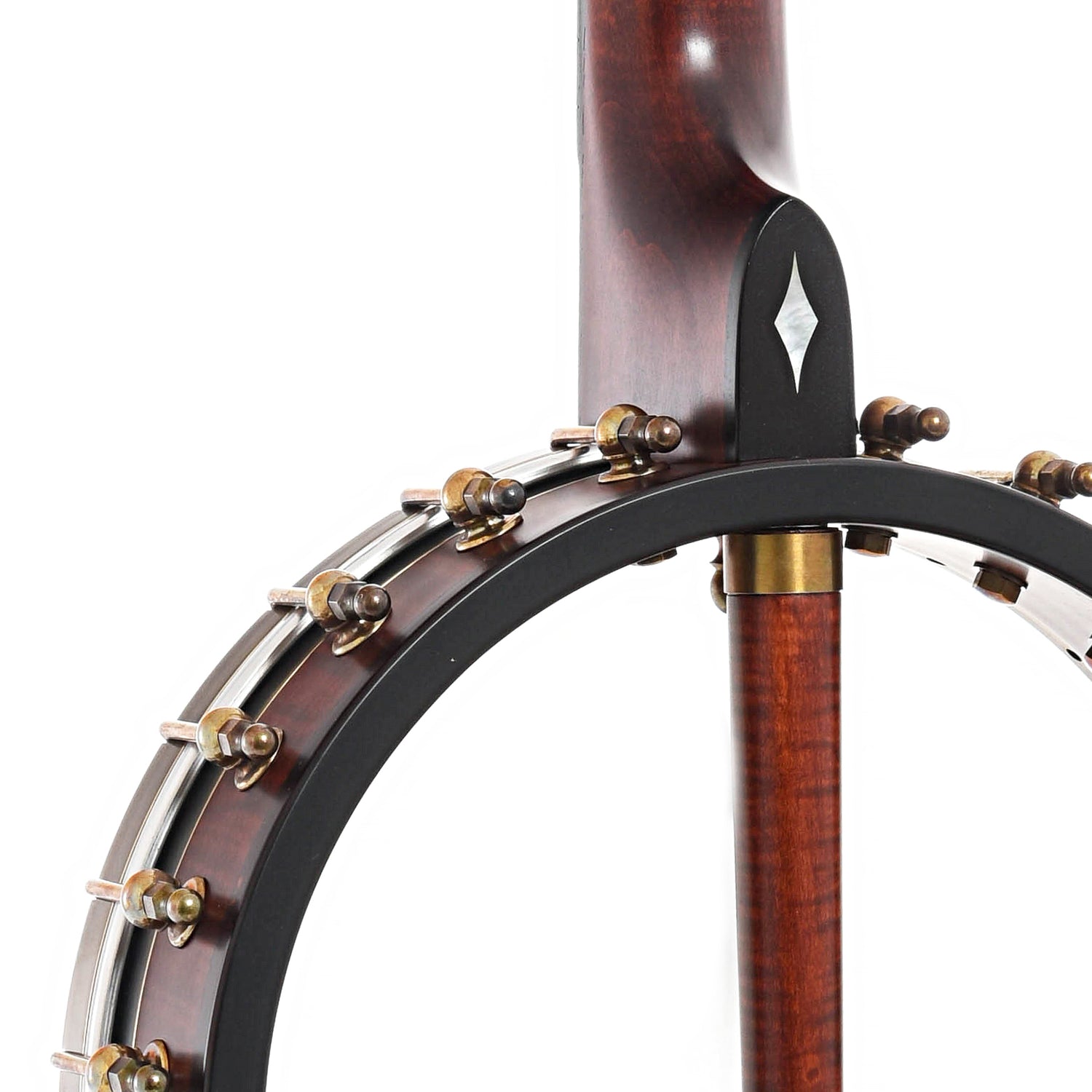 Neck joint of  Ome Mira 11" Openback Banjo, Curly Maple, Tubaphone Tone Ring