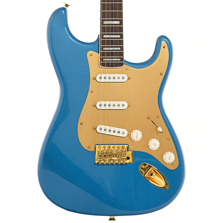 Front of Squier 40th Anniversary Stratocaster, Gold Edition, Lake Placid Blue