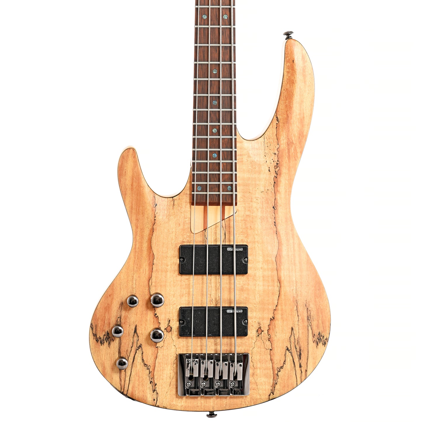 front of ESP LTD Left Handed B-204SM Spalted Maple Natural Satin 4-String Bass
