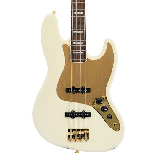 Front of Squier 40th Anniversary Jazz Bass, Gold Edition, Olympic White