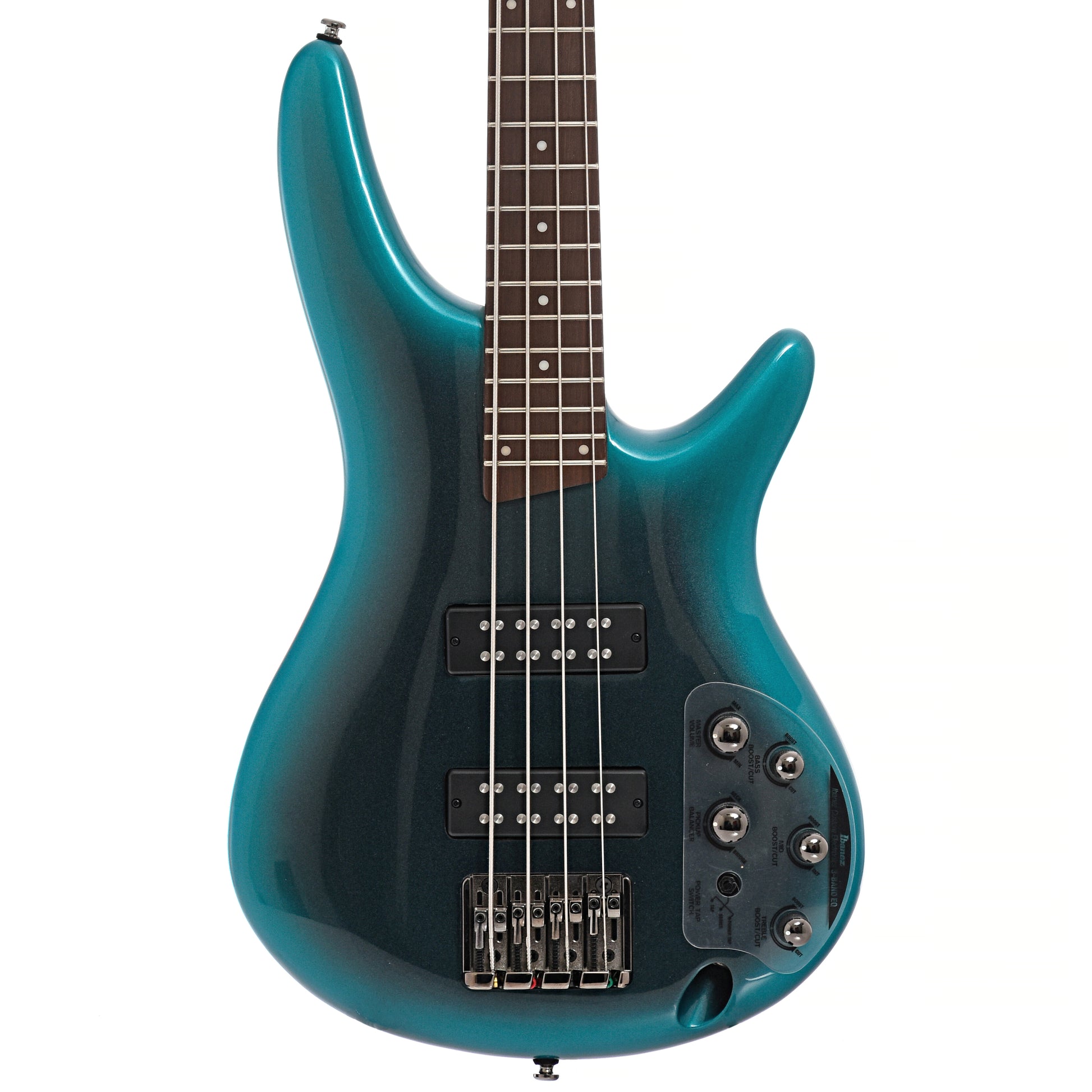 Front of Ibanez SR300E Cerulean Aura Burst bass