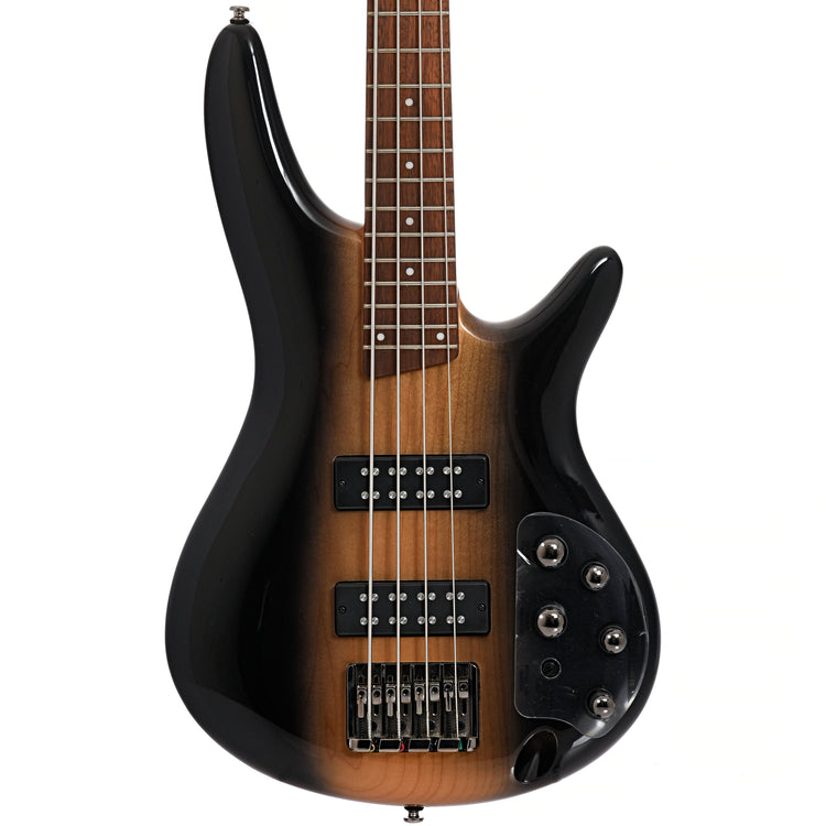 Front of Ibanez SR370E 4-String Bass, Surreal Black Dual Fade Gloss