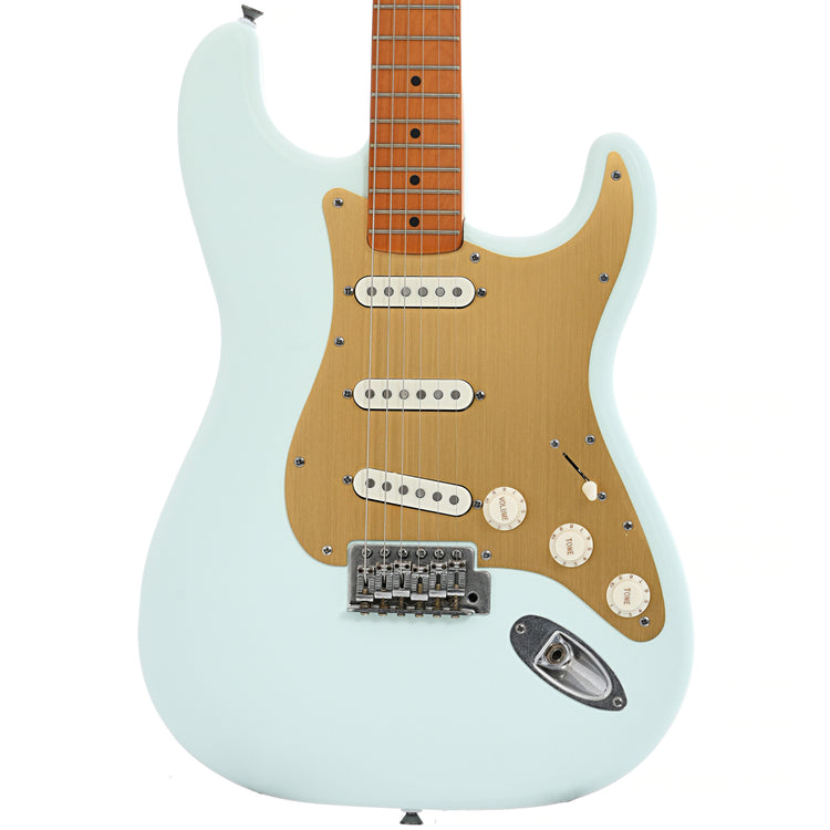 Front of Squier 40th Anniversary Stratocaster, Vintage Edition, Satin Sonic Blue