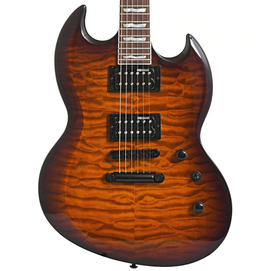 front of ESP LTD Viper-256 Electric Guitar, Quilted Maple Dark Brown Sunburst