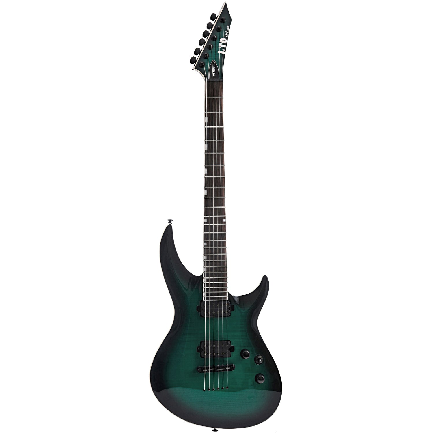Full front of ESP LTD H3-1000 Electric Guitar, Black Turquoise Burst