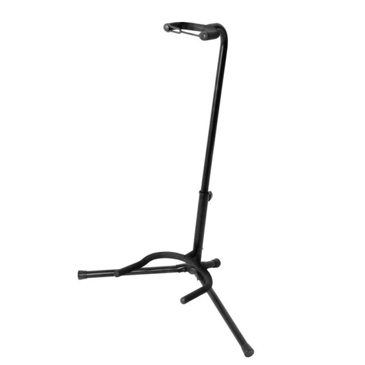 Front and Left Side of On-Stage XCG-4 Black Guitar Stand