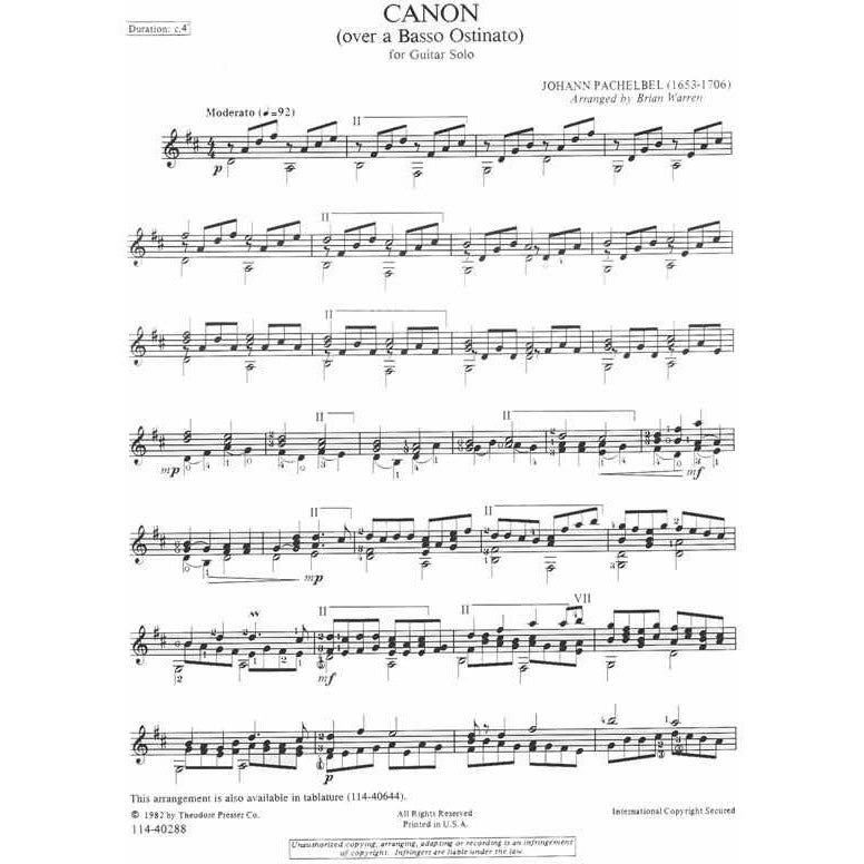 Image 2 of Johann Pachelbel: Canon (Over a Basso Ostinato) for Guitar Solo - Notation Only - SKU# 62-40288 : Product Type Media : Elderly Instruments