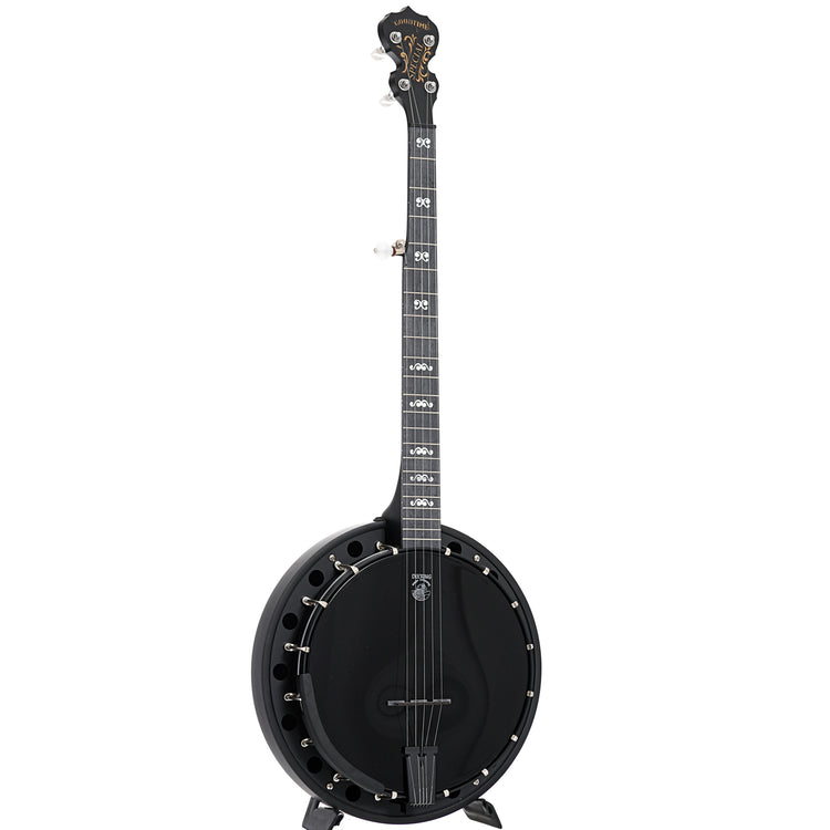 Full front and side of Deering Goodtime Blackgrass Special Resonator Banjo