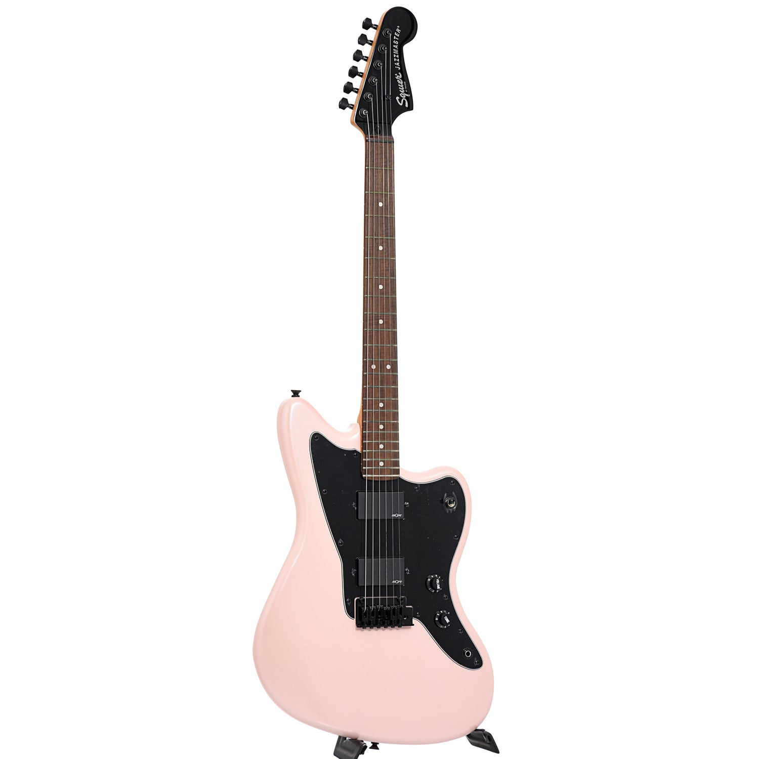Full front and side of Squier Contemporary Active Jazzmaster HH, Shell Pink Pearl